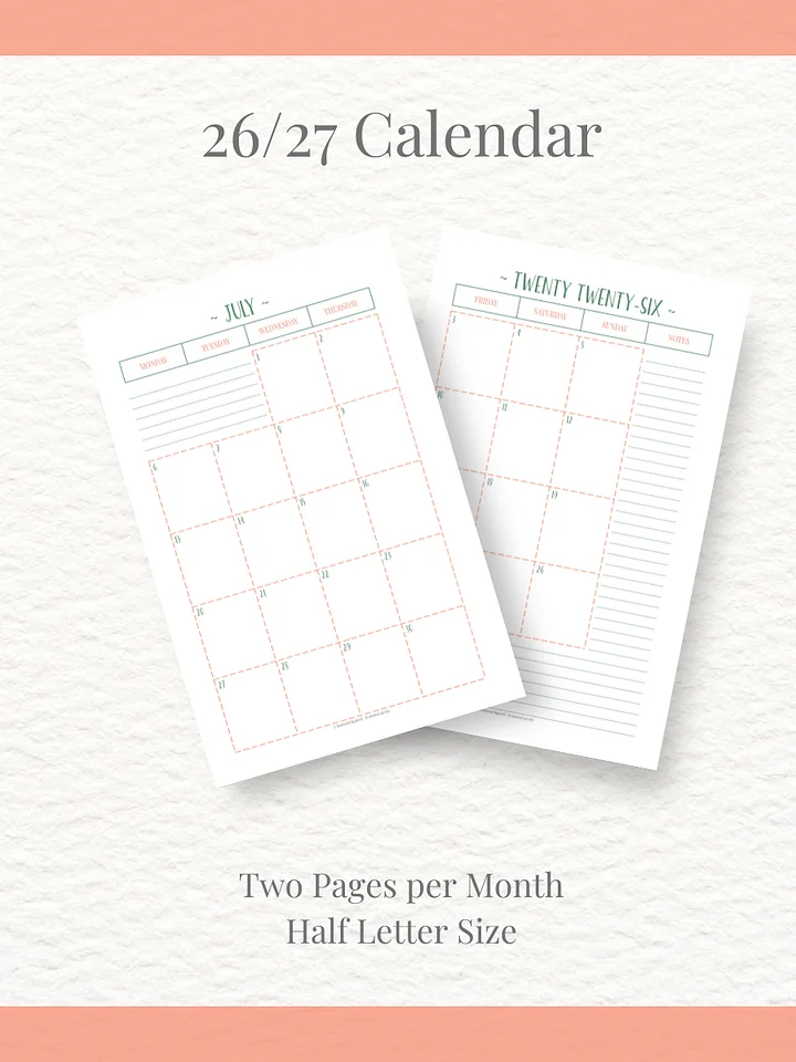 Peachy Green - 26/27 Calendar - 2 Pages per Month - Half Letter Size product image (1)