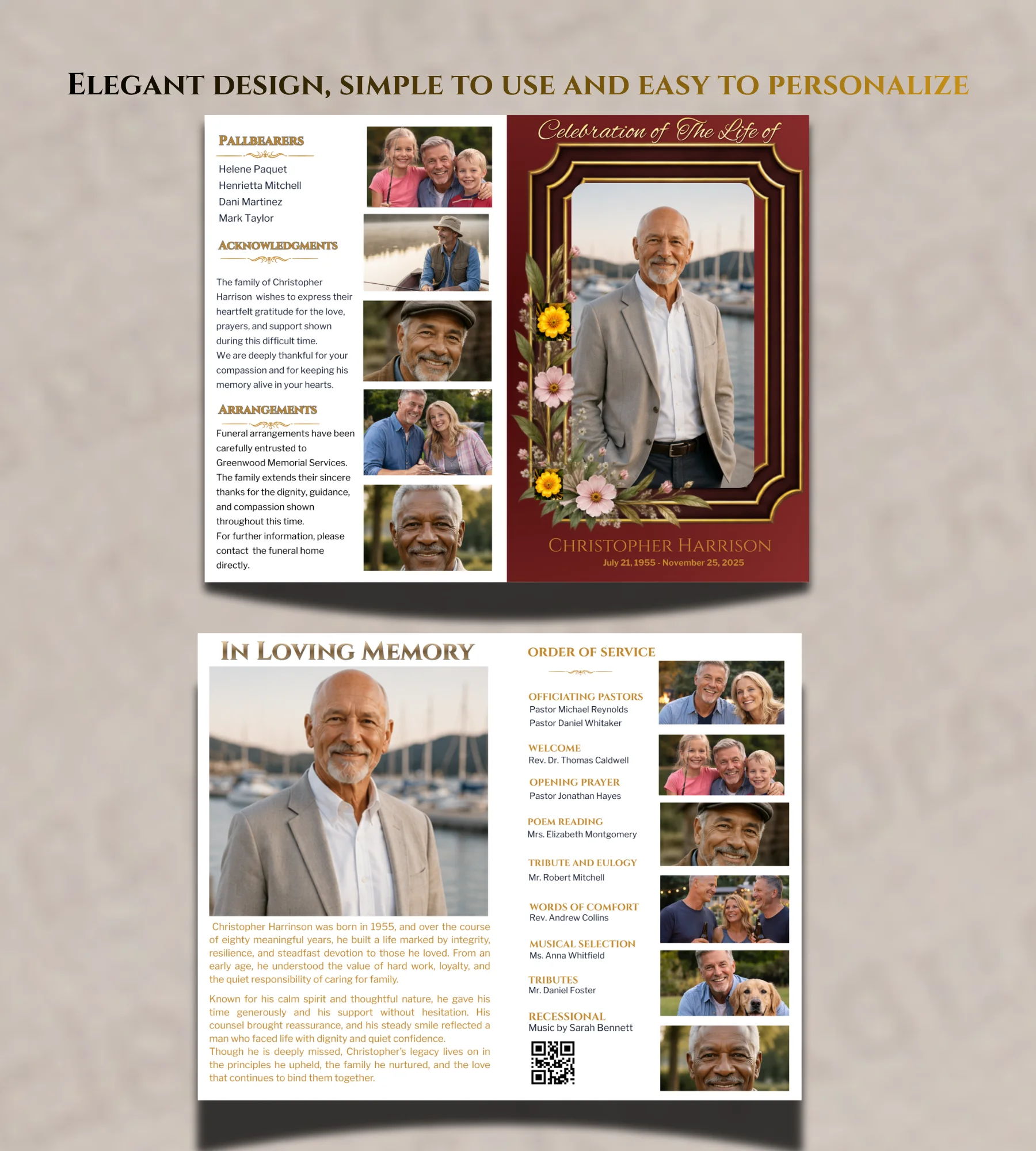 Burgundy Floral Funeral Program Template for Men (Canva Editable Bifold) product image (2)