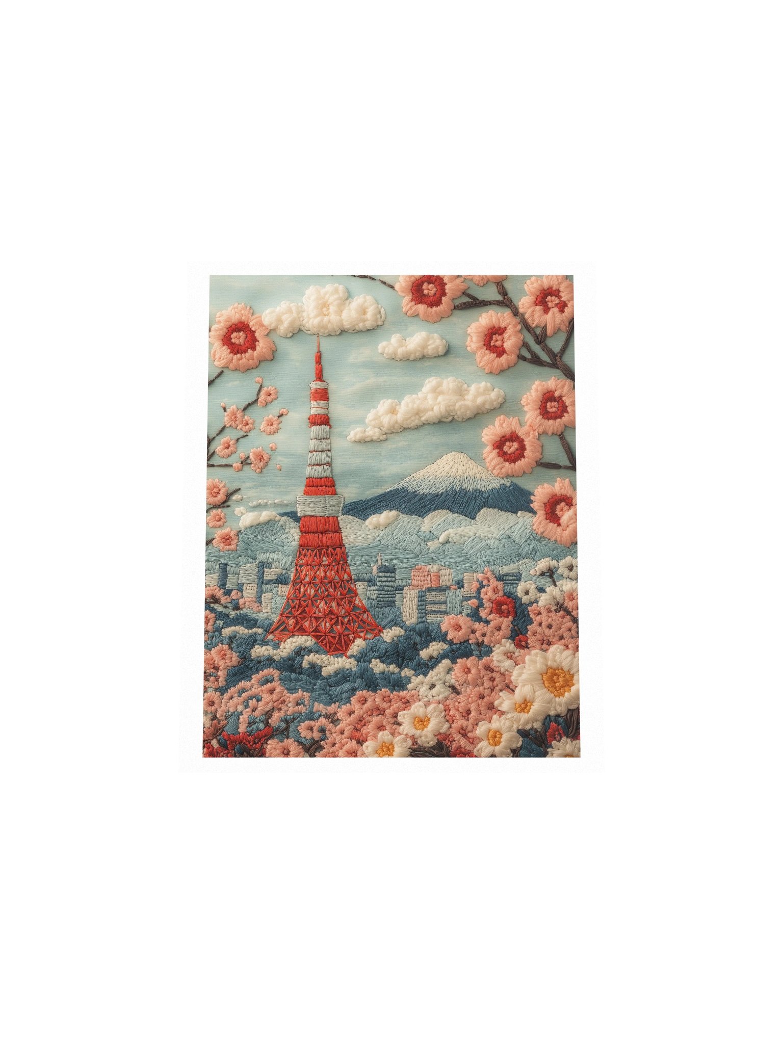 Springtime in Tokyo | Embroidery-Style Wall Art — Unframed Print product image (4)