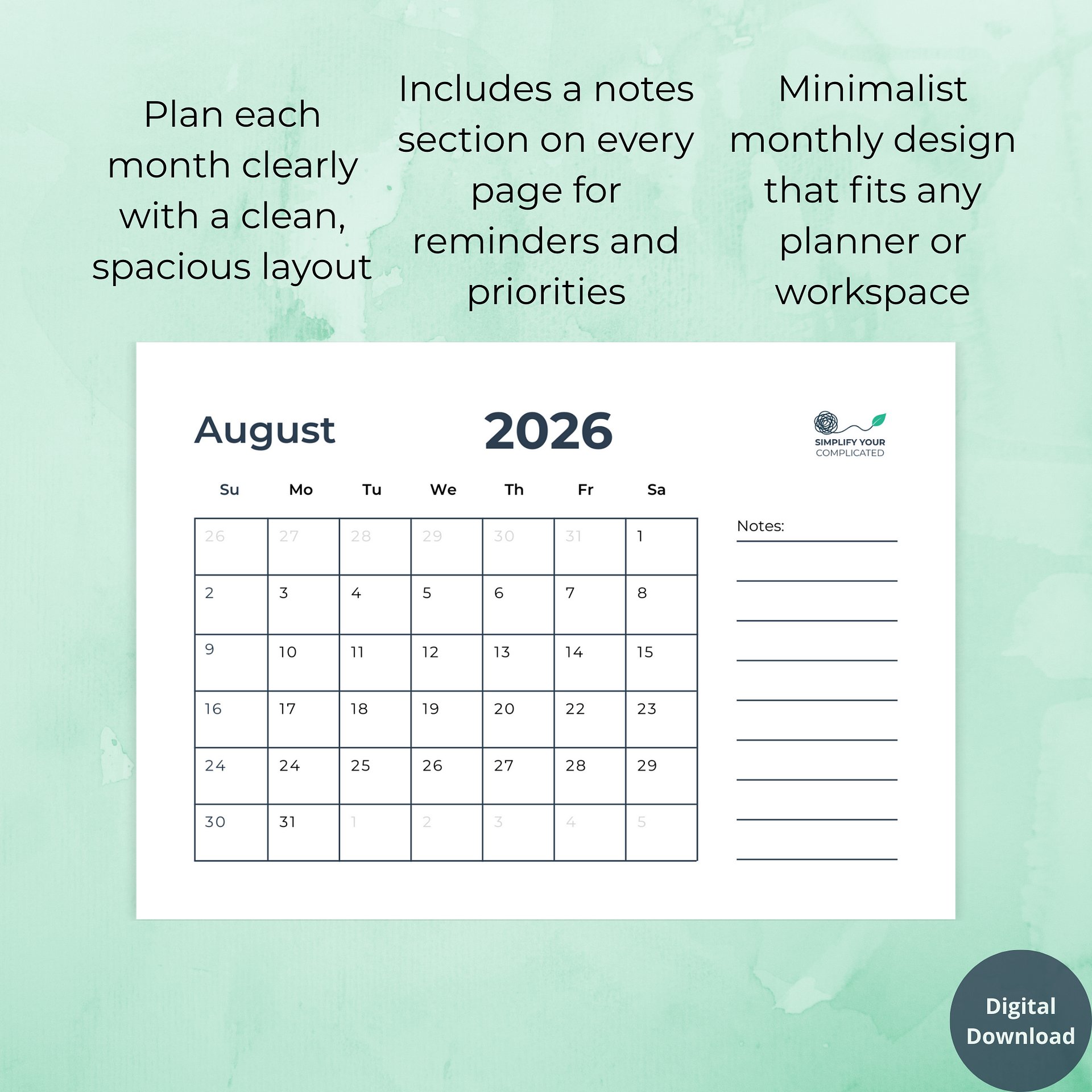 2026 Monthly Calendar product image (2)