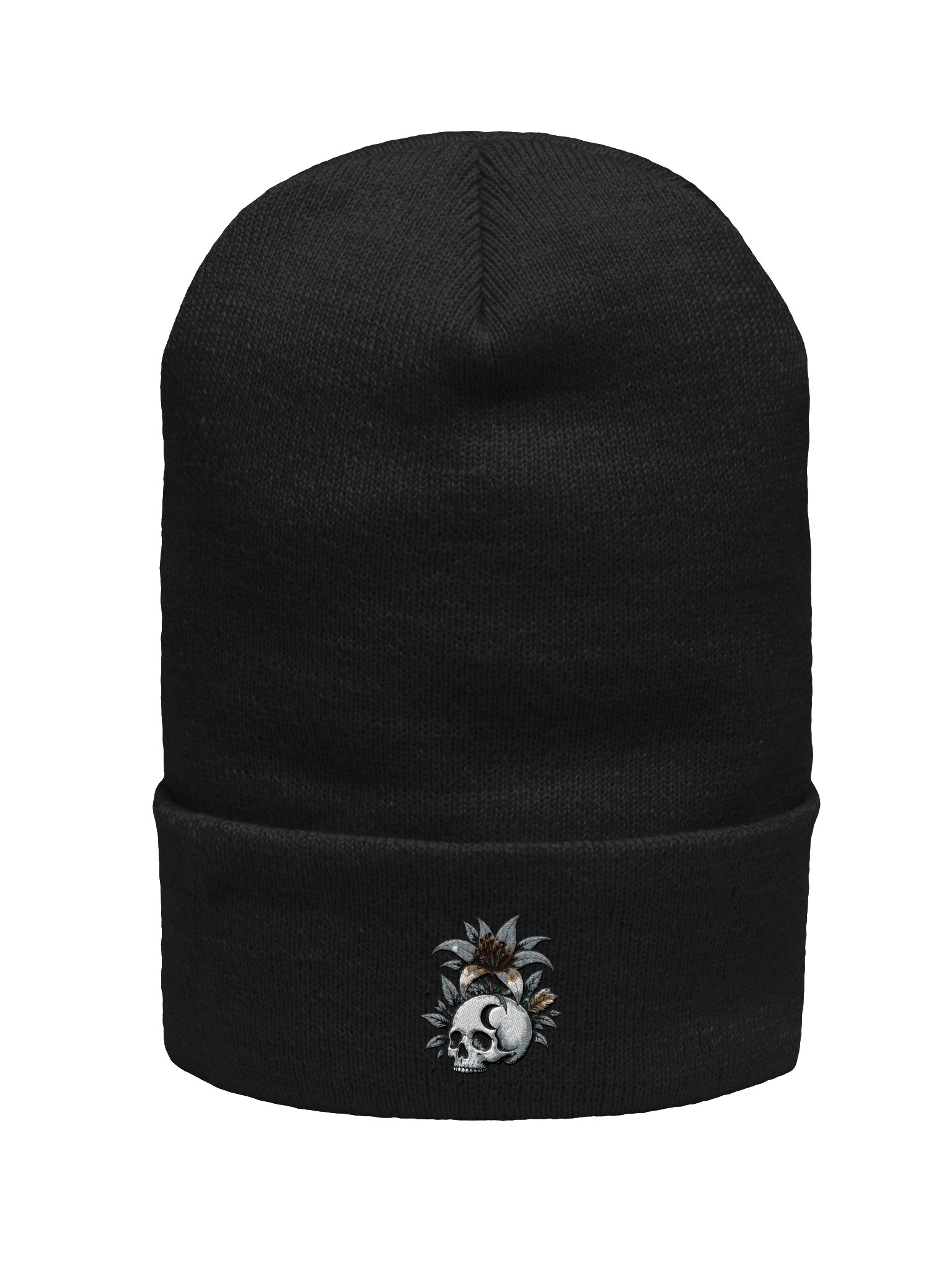 Growth in Shadows Embroidered Beanie | Skull & Floral Tattoo-Inspired Hat product image (1)