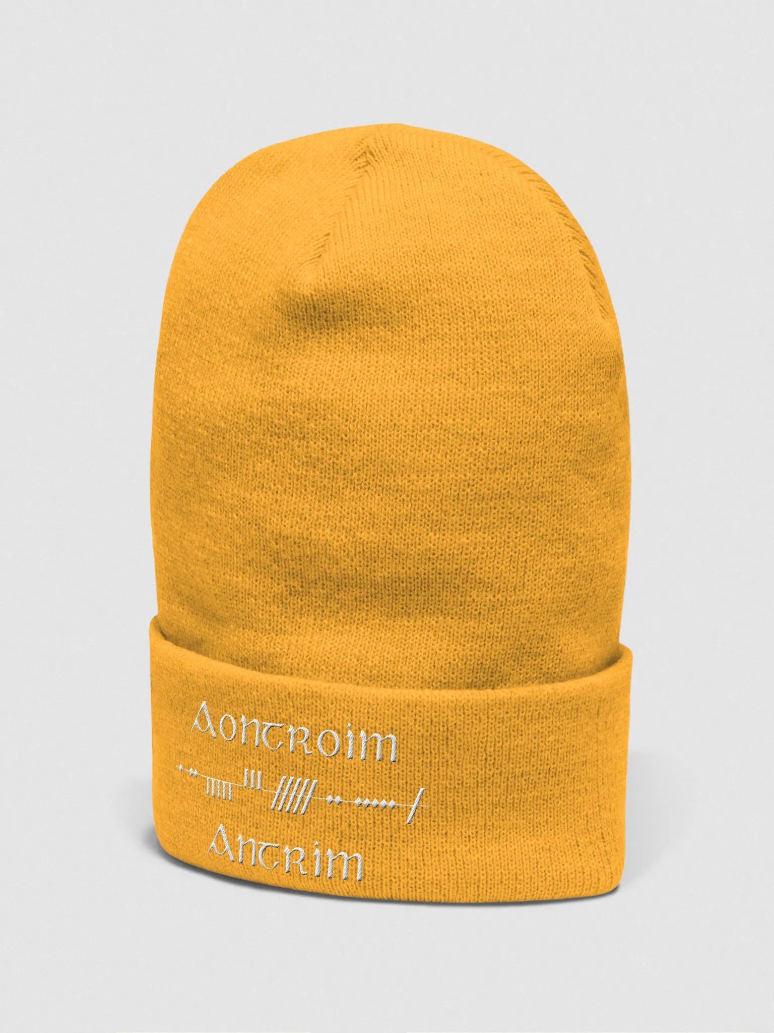 Aontroim/Antrim, Scholastic Style Ogham, Saffron with white, embroidered Cuffed Beanie product image (2)