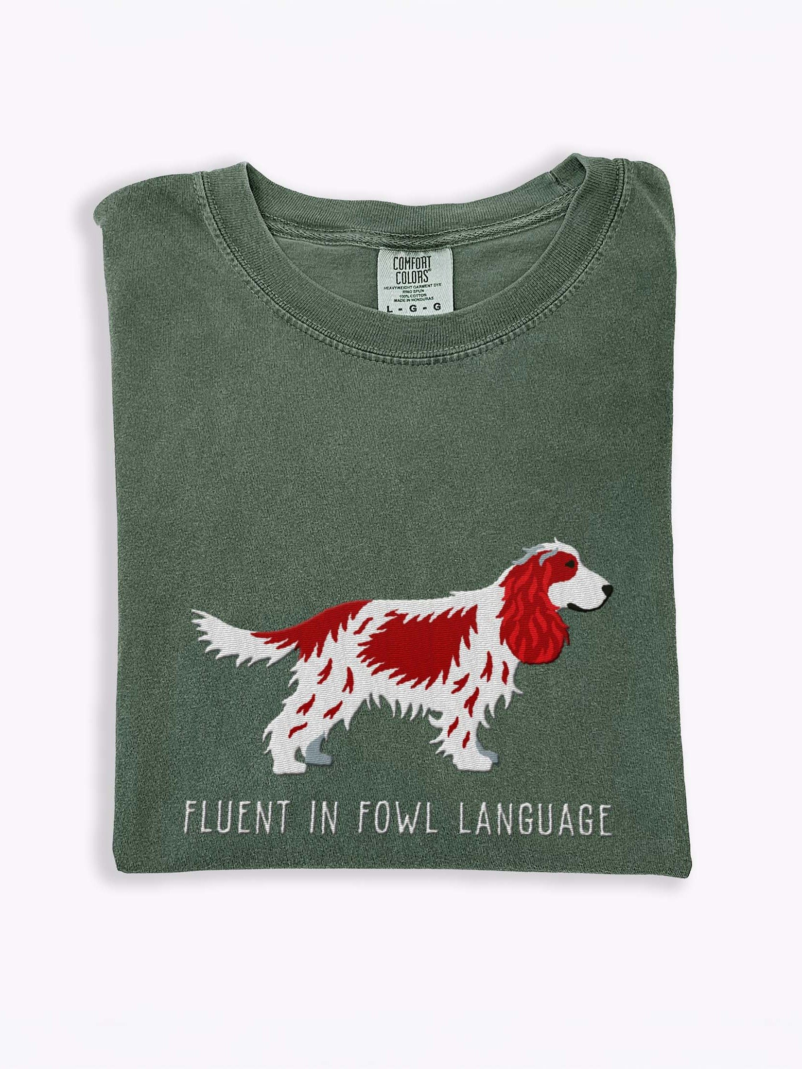 Fluent in Fowl Language T-Shirt(Embroidered) of an English Cocker Spaniel(Liver & White) product image (1)