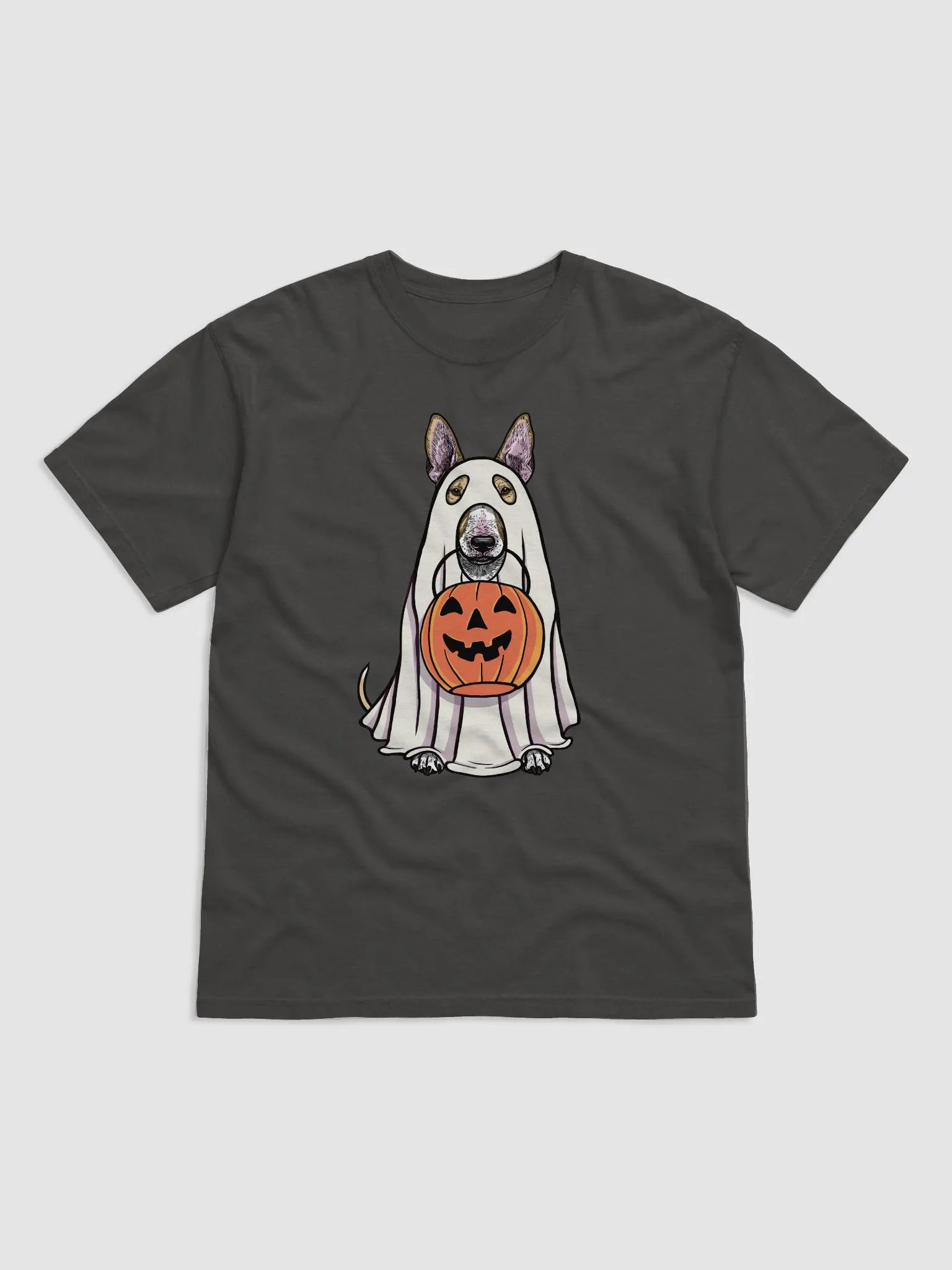 Funny Halloween Bull Terrier(Fawn) T-Shirt | Funny Dog Wearing a Ghost Costume and Holding a Pumpkin Basket product image (1)