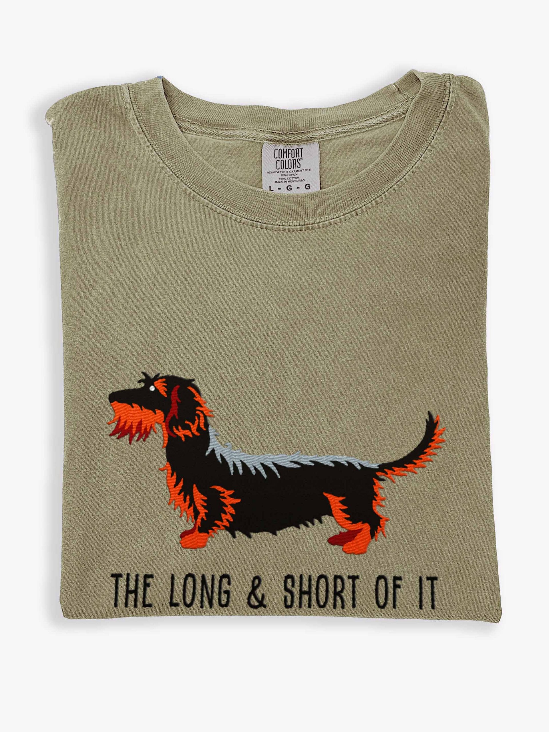 The Long & Short of It T-Shirt(Embroidered) of a Wirehaired Dachshund(Black & Tan) product image (1)