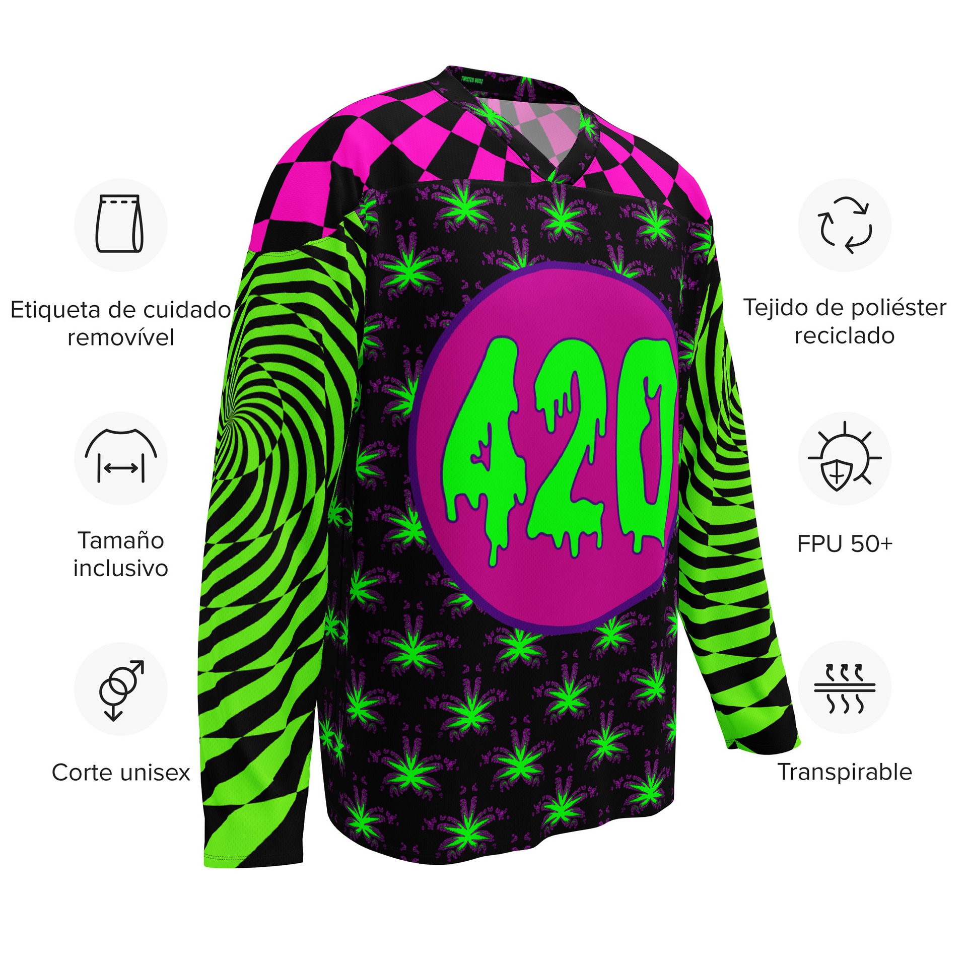 Twisted 420 Weed Rave Hockey Jersey, Psychedelic Spiral EDM Festival Shirt, Pot Leaf Trippy Techno Top, Neon Green Pink Cannabis Clothing product image (11)