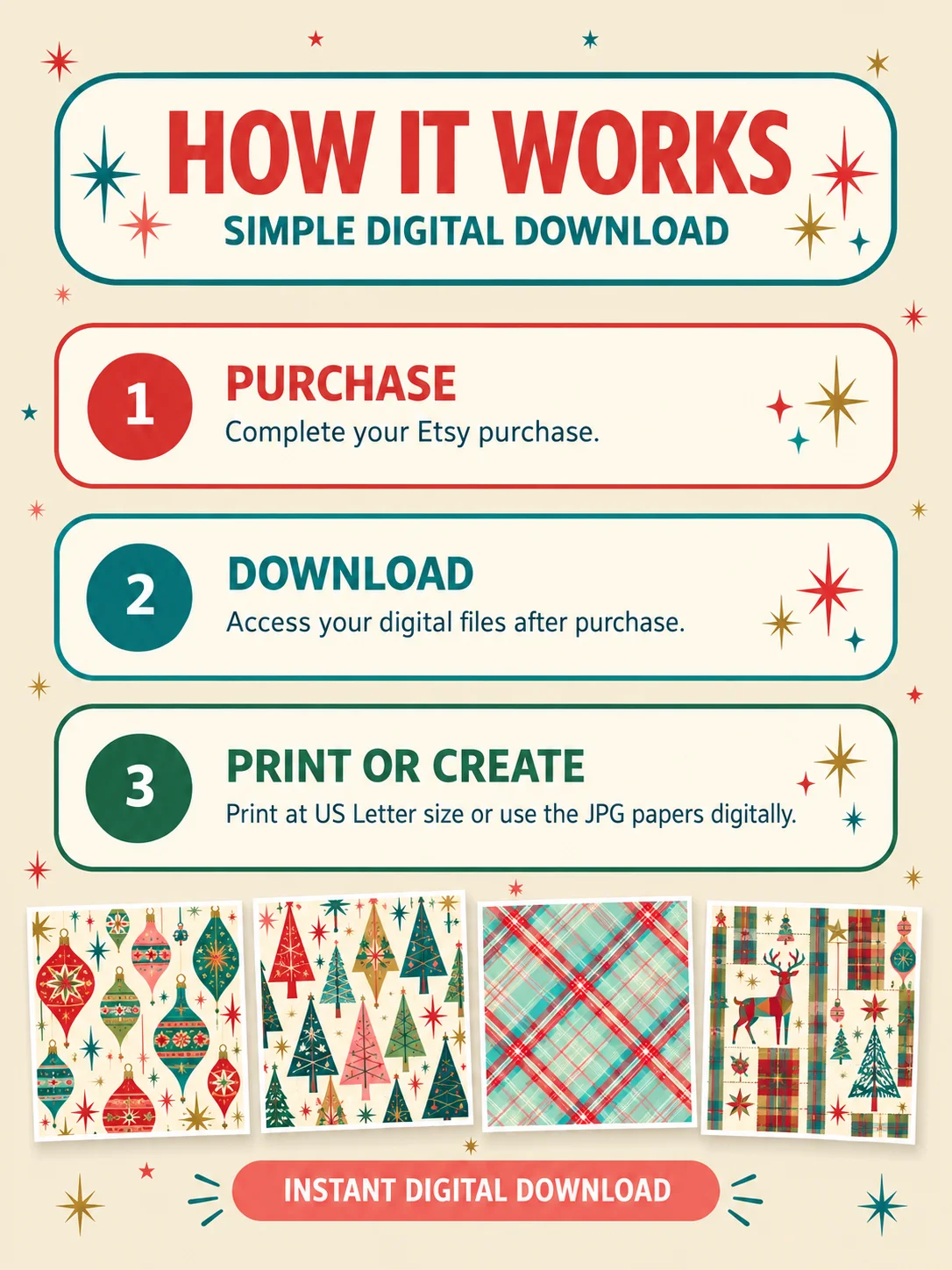 500 Retro Christmas Backgrounds, Kitsch 1950s Atomic Holiday Digital Paper Pack, Vintage Ornament Patterns, Printable Scrapbook JPG Download product image (4)