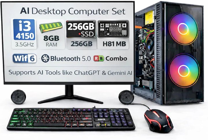 AI Ready Desktop Computer Set with 20" LED Monitor – Core i3-4130 3.4GHz, 8GB DDR3 RAM, 256 GB SSD, WiFi 6, Bluetooth 5.0, RGB Combo, Supports AI Tools Like ChatGPT & Gemini AI product image (1)