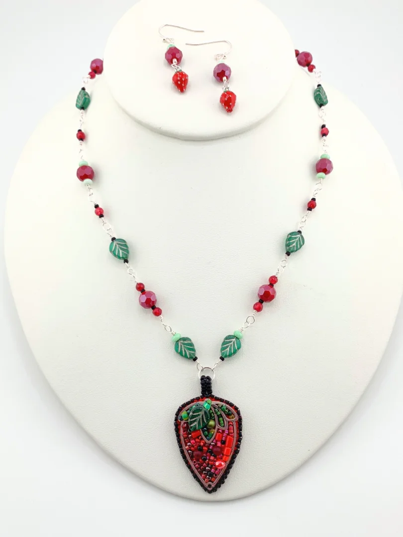 Bead Embroidered Strawberry Pendant Necklace and Earrings Set product image (1)