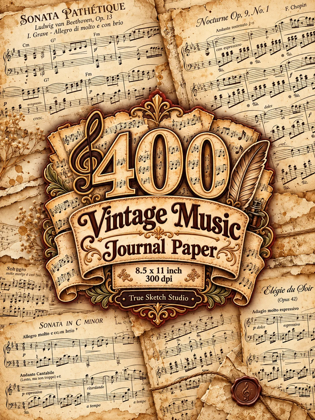 400 Vintage Music Digital Paper Bundle, Aged Sheet Background, Junk Journal Pages, Scrapbook Collage Supplies, US Letter 300DPI JPG Download product image (4)