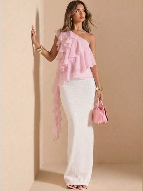 Soft Pink Asymmetric Shoulder Ruffle Cami Top | ADLEST product image (3)
