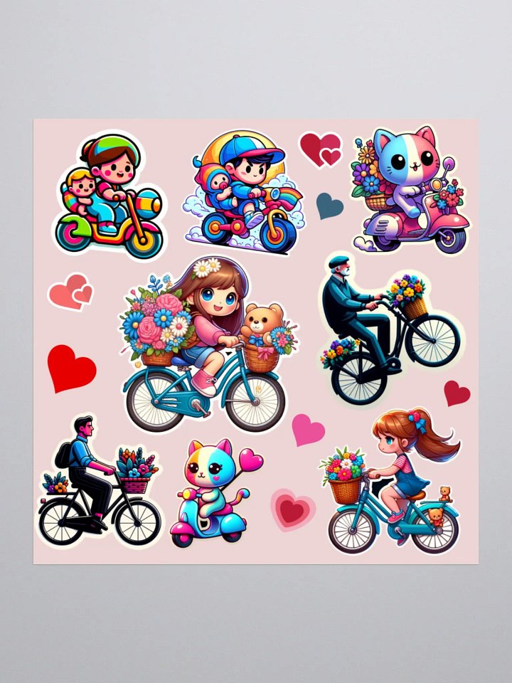 Colourful Cycling images with hearts -Kiss Cut Stickers product image (1)