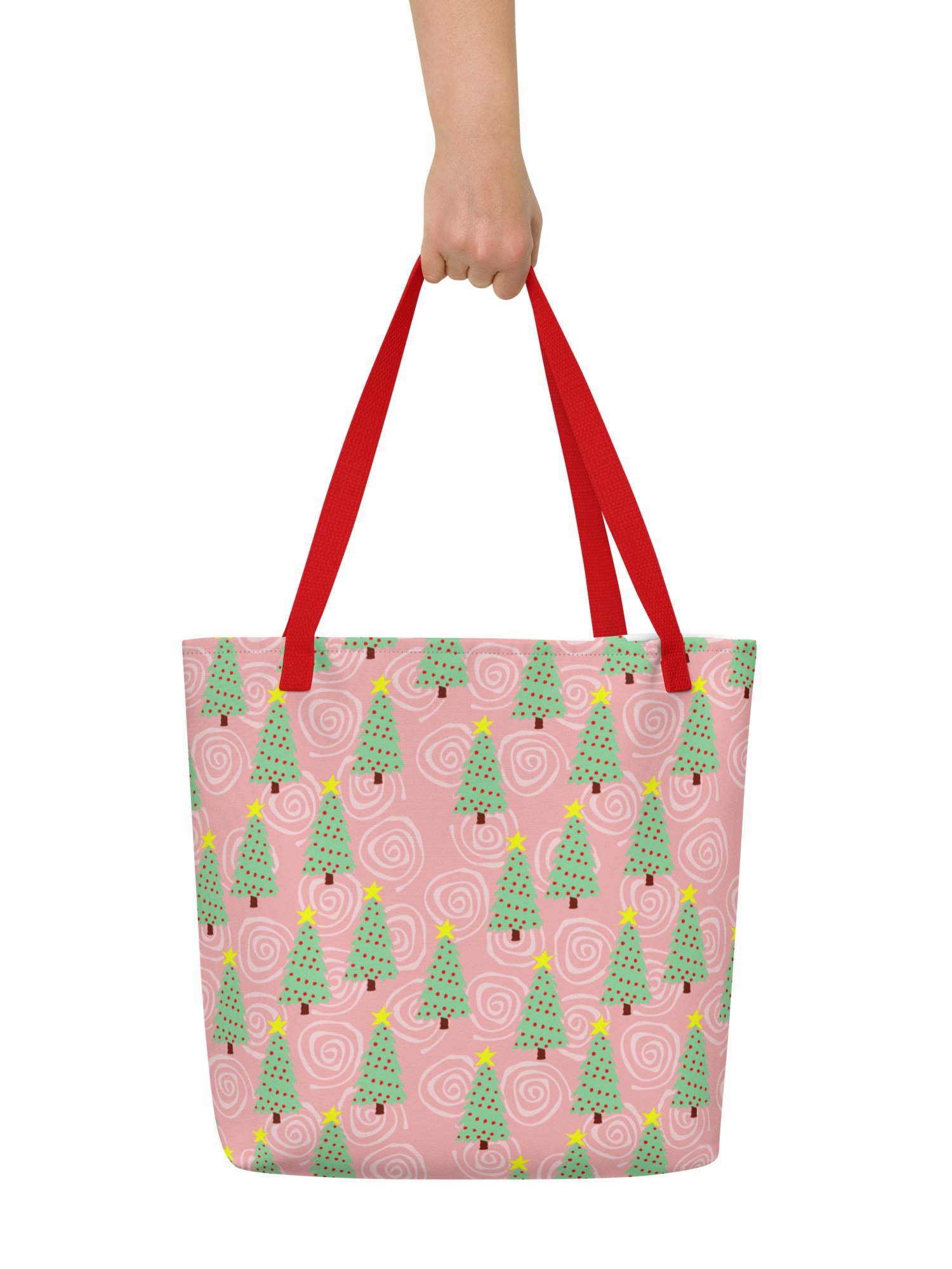 Green Christmas Trees on Christmas Pink with Swirls – Large Tote Bag product image (6)