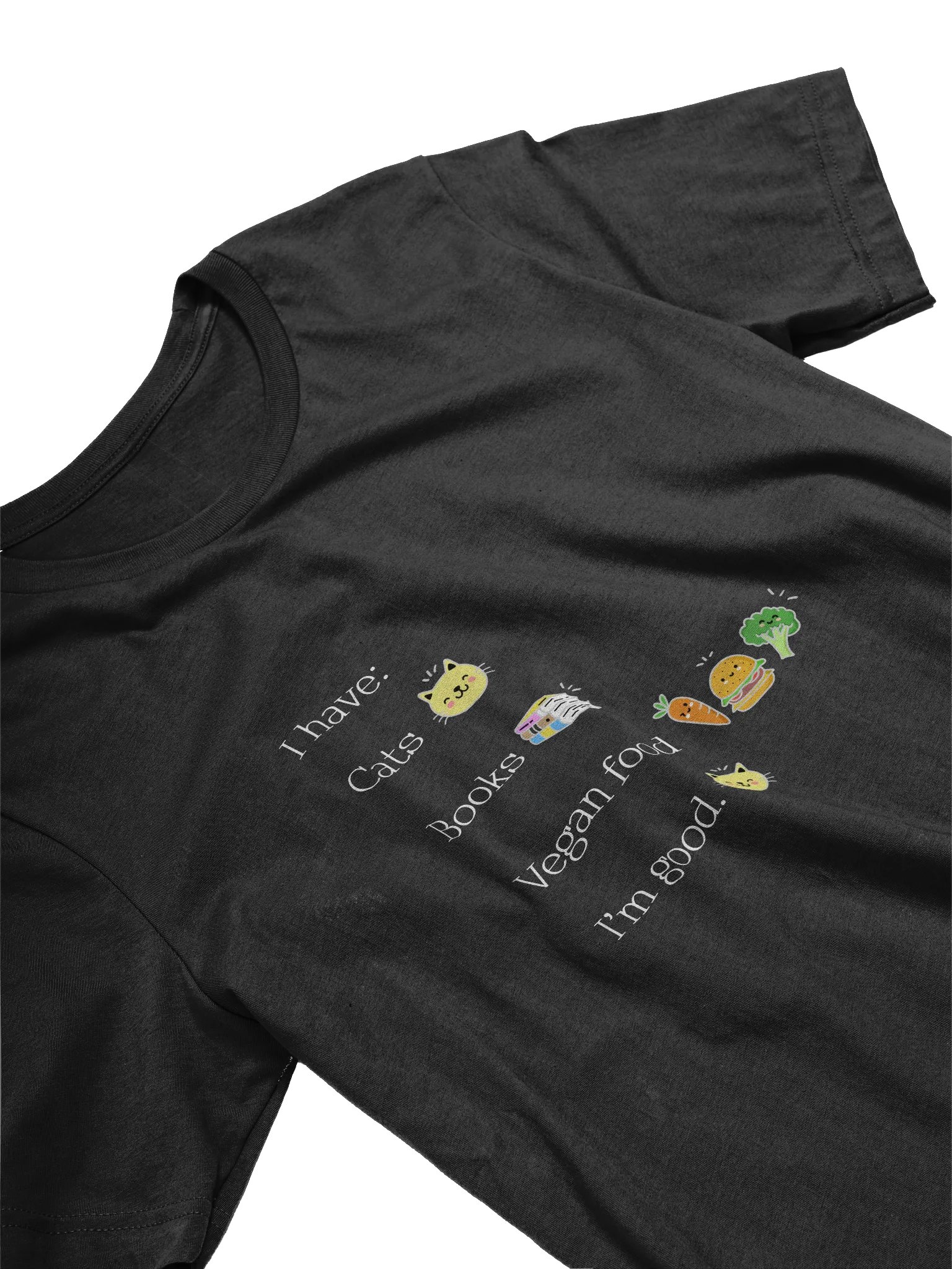 “Cats, Books, Vegan Food” Unisex Black T-Shirt product image (3)
