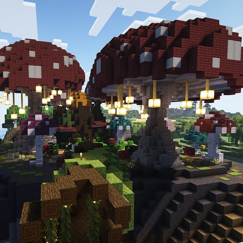 @blazer4hire_yt 's starter base is a whimsical mushroom wonderland! And just beyond is the community farm he started for ever...