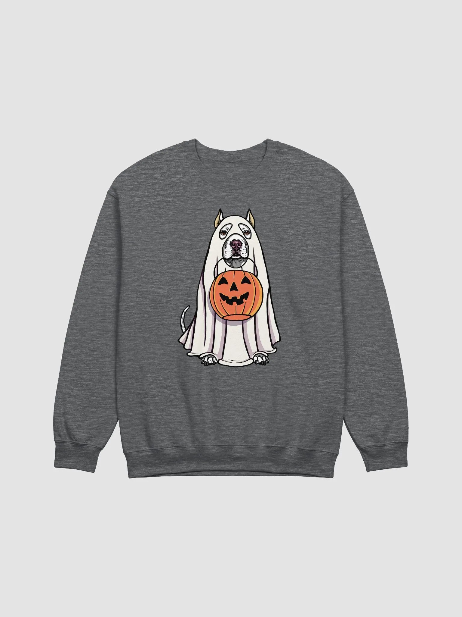 Funny Halloween Pitbull Terrier(Cropped Ears) Sweatshirt | Funny Pittie Wearing a Ghost Costume and Holding a Pumpkin Basket product image (1)