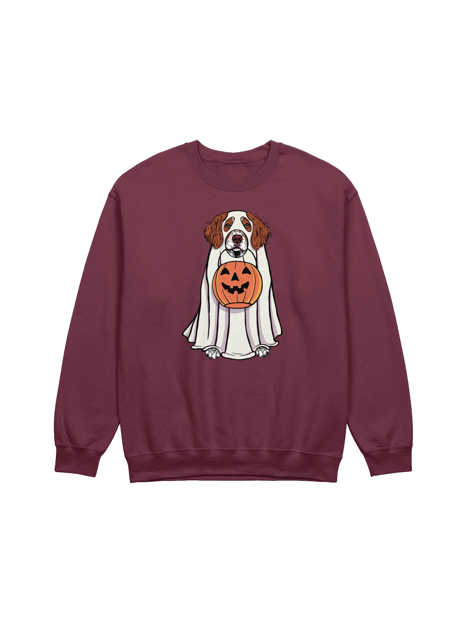 Funny Halloween Brittany Spaniel Sweatshirt | Funny Brittany Spaniel Wearing a Ghost Costume and Holding a Pumpkin Basket product image (1)