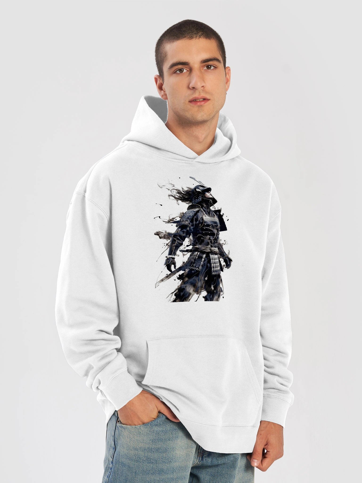 Shadow Ronin Sumi-e Hoodie — Black Ink on White product image (4)