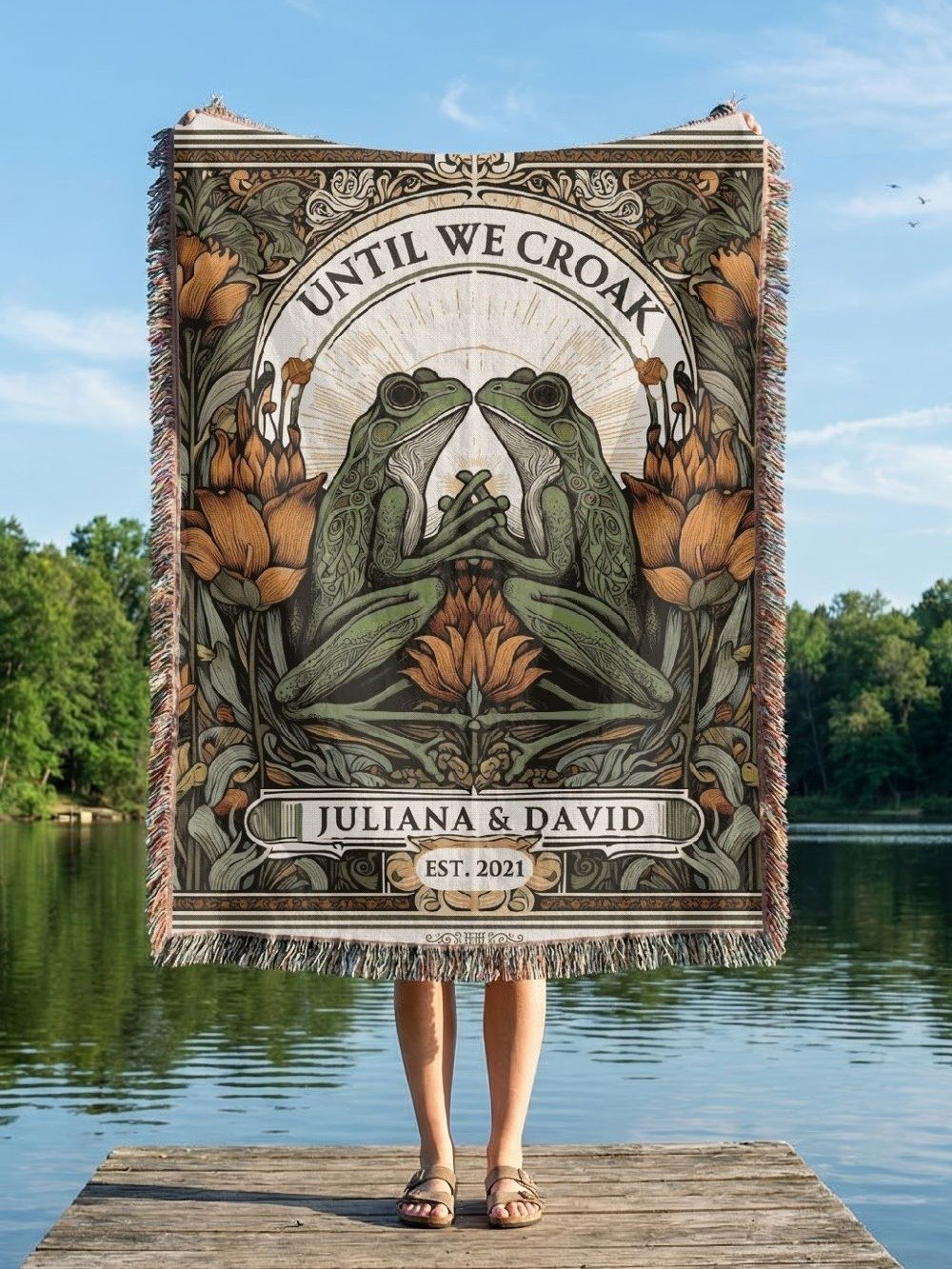 Until We Croak Personalized Frog Couple Woven Blanket — Custom Name & Date Wedding Tapestry Throw product image (1)