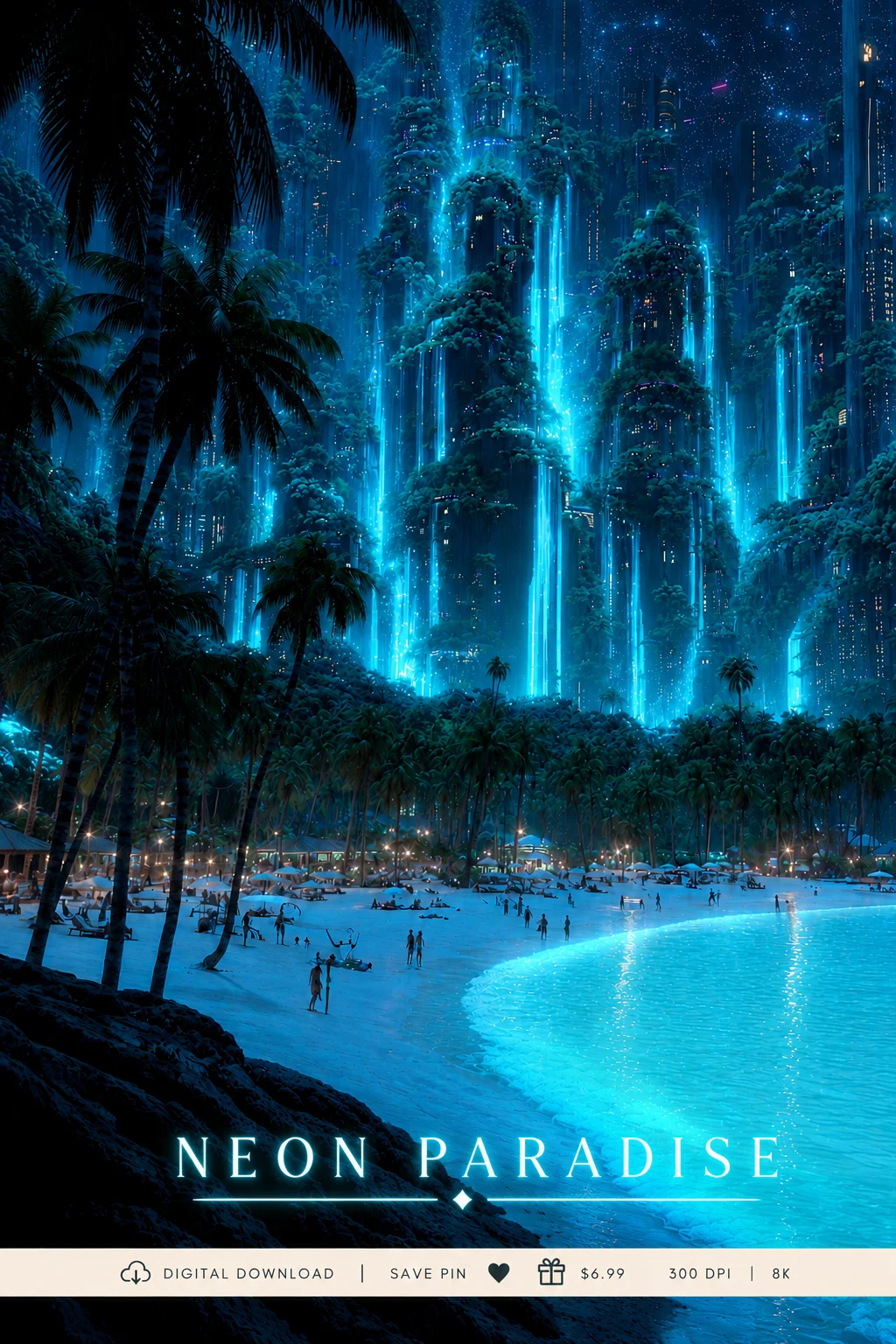Neon Paradise Tropical Cyberpunk Beach Wall Art | 8K Digital Download | Futuristic Ocean Print product image (1)