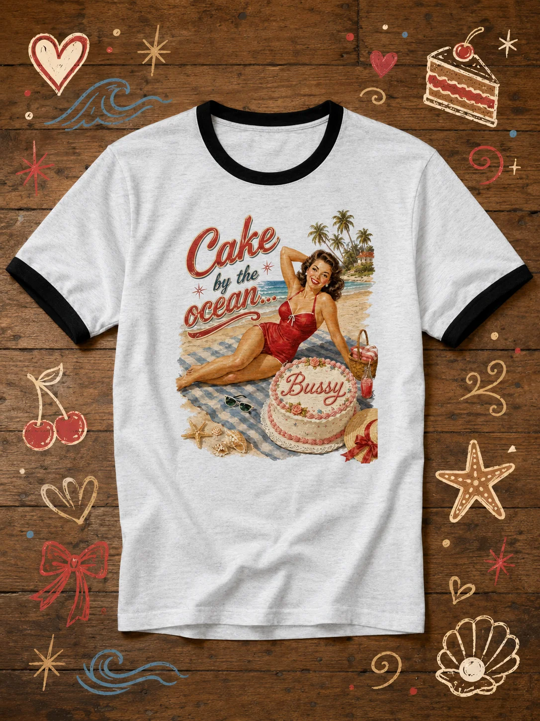 Bussy By The Ocean Ringer | Queer Pinup Graphic Tee product image (1)
