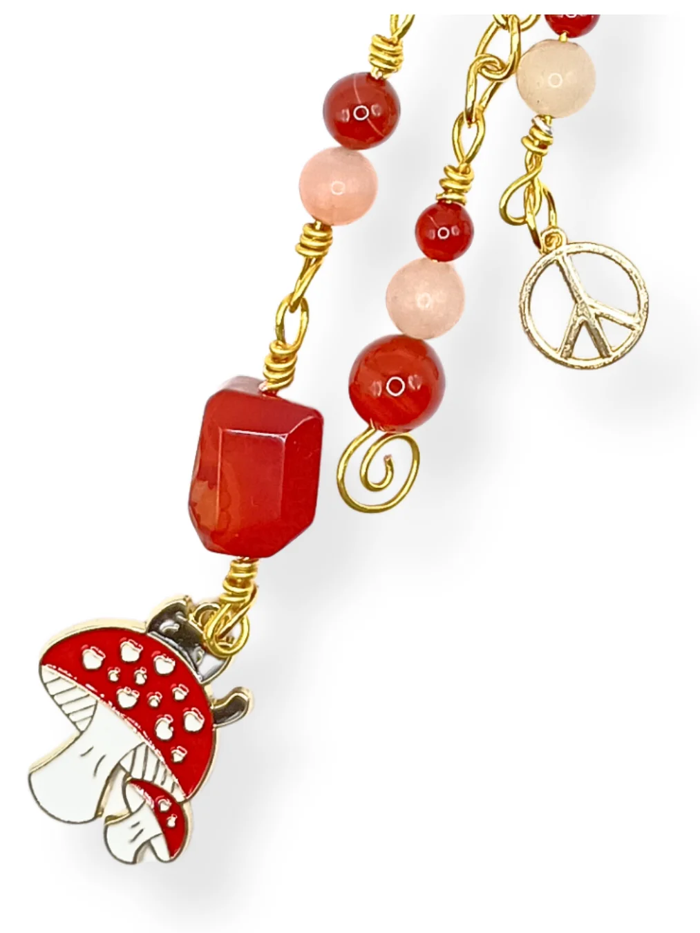 Black Cat & Mushroom Purse Charm | Carnelian & Peach Aventurine, Gold-Tone | "Happy Camper" product image (1)
