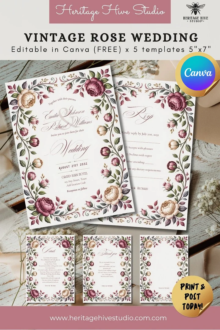 Anne Elliot Quiet Romance Regency Rose Vintage Wedding Suite | Instant Download Template product image (2)