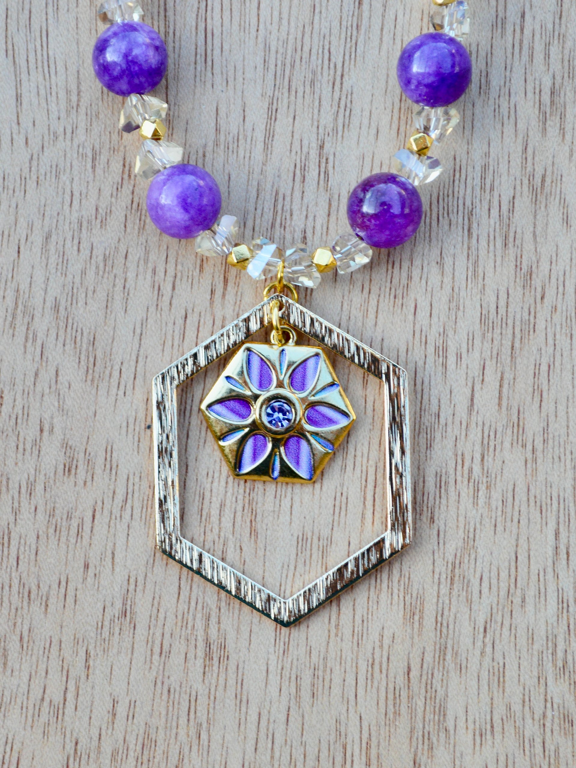 Gold-Plated Brass Textured Hexagon Pendant Necklace With Malaysia Jade Purple Gemstones and Crystals product image (3)