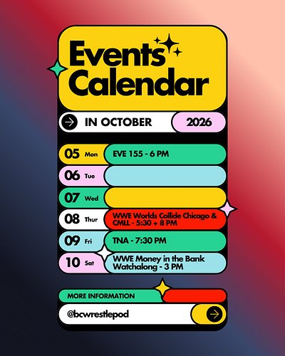📅 THIS WEEK ON BC WRESTLE POD 📅

🌙 MON 10/5 – EVE 155 Post-Show @ 6 PM
🌙 THU 10/8 – WWE Worlds Collide Chicago Post-Show @ 5:...