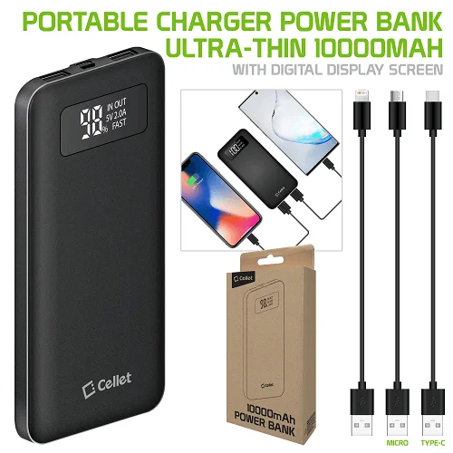 Cellet 10000mAh Slim Power Bank - Portable Charger with Digital Display & Cables product image (1)