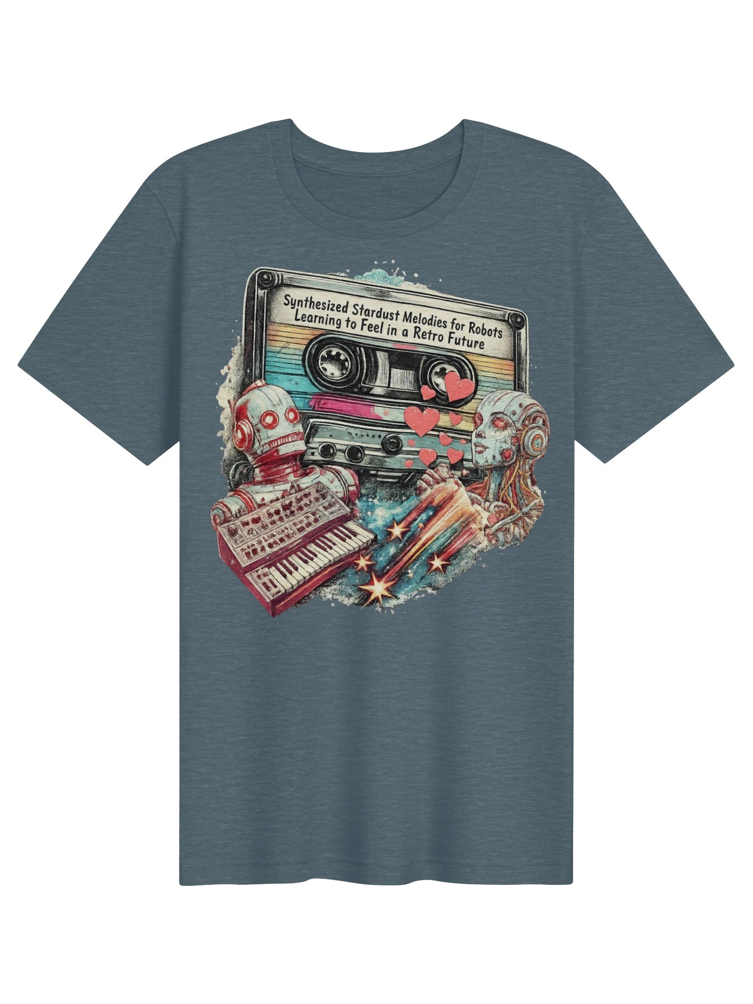 Synthesized Stardust Retro Future Tee, Whimsical Robot Music Lover Shirt product image (2)