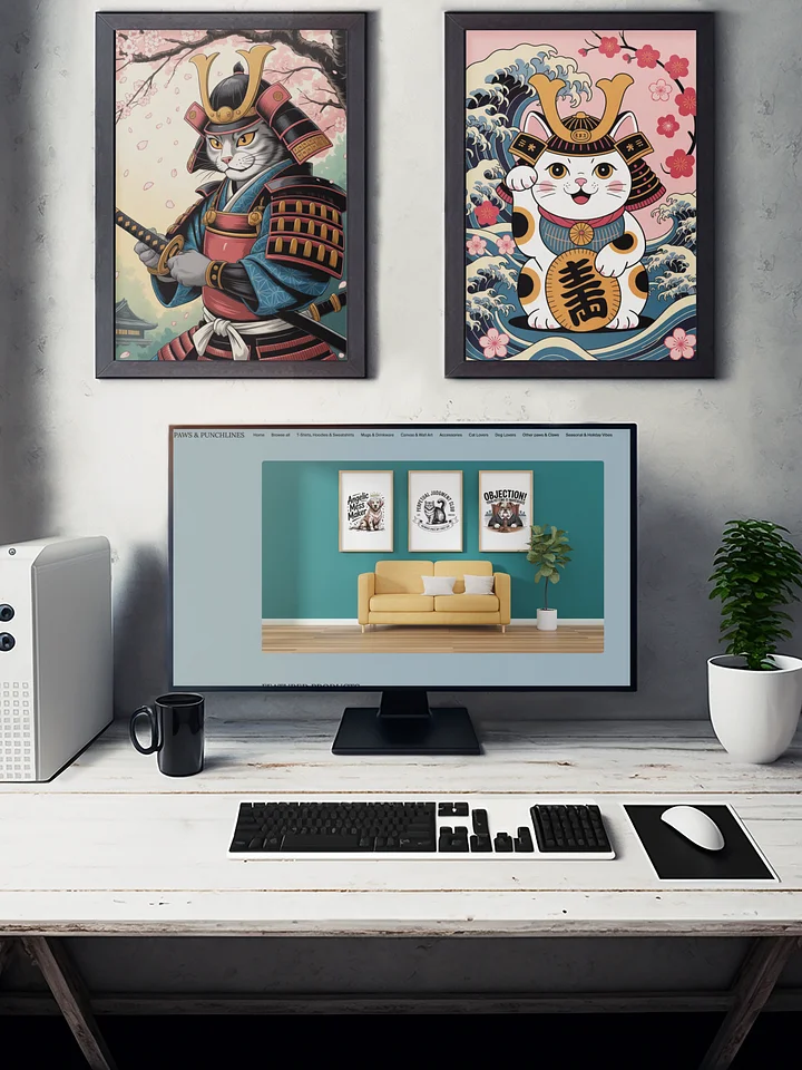 Samurai Cat with Katana Framed Art Print | Japanese Bushido Warrior Wall Decor product image (2)