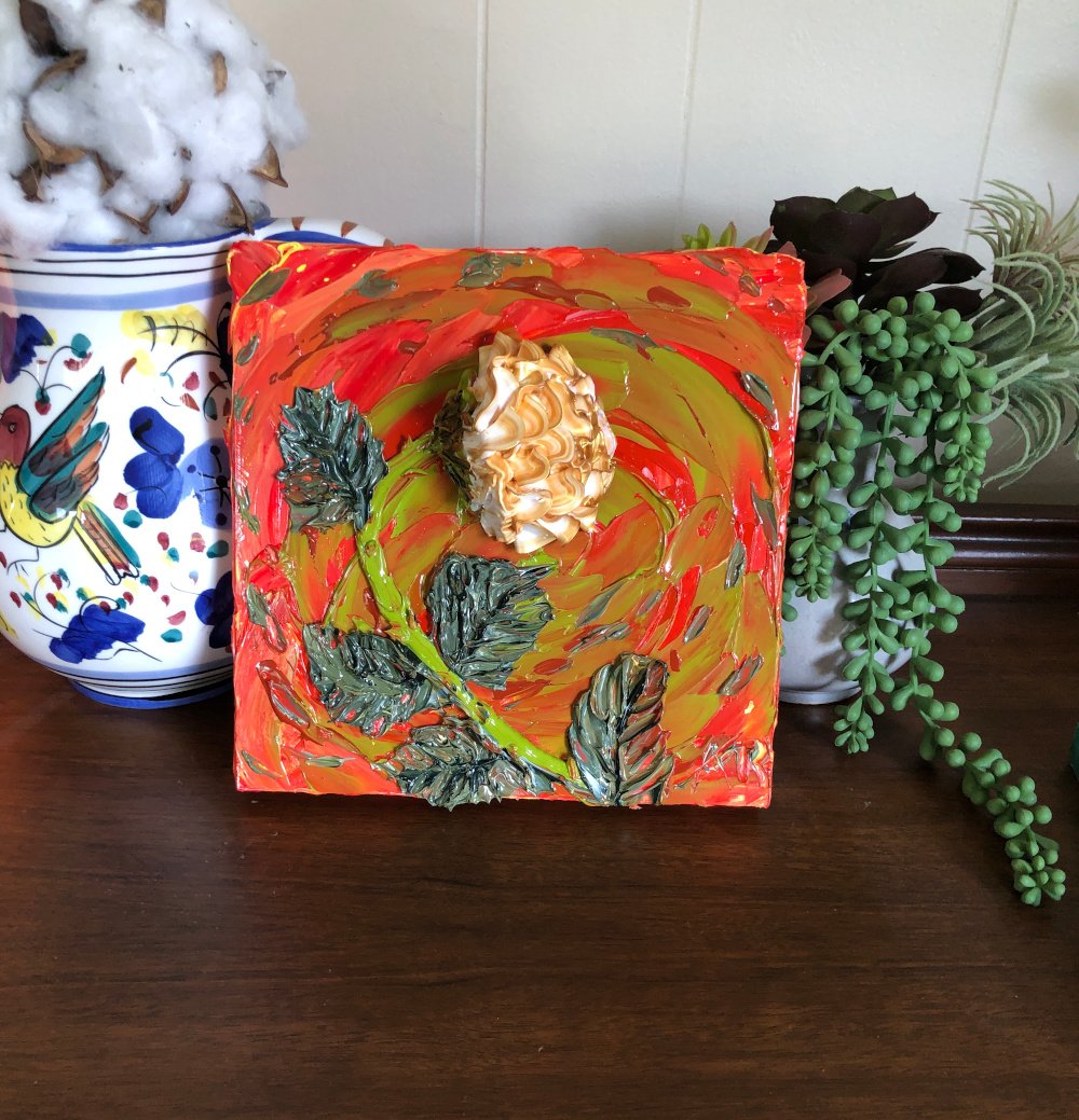 "Gilded Rose Sunset" 8"x8" birch panel Impasto painting- bright, glowing colors product image (1)