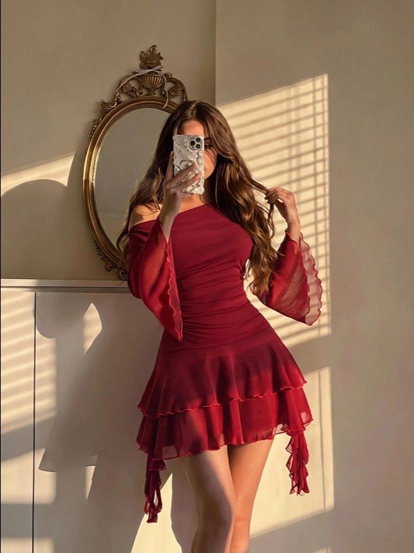 Skyraze Wine Red Flared Sleeve Ruffle Asymmetric Neck Long Sleeve Dress Going Out Night Out Date Night Autumn Sexy,Halloween product image (2)