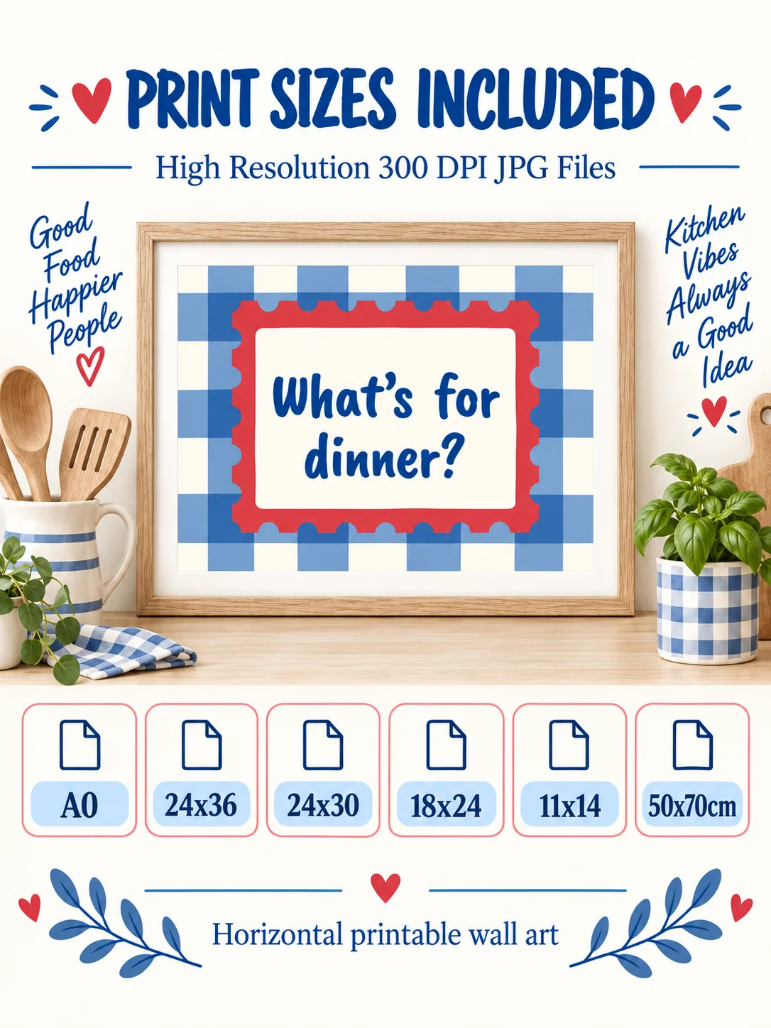 Yes Chef Kitchen Wall Art | Blue Gingham Cooking Quote | Retro Checkered Printable Poster product image (2)