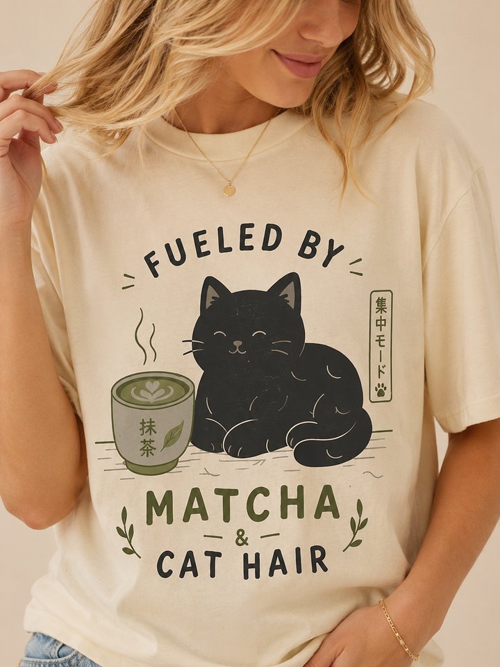 Fueled by Matcha and Cat Hair T-Shirt – Cute Black Cat Matcha Tee for Cat Lovers product image (2)
