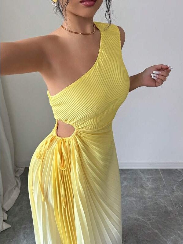 ADLEST Modelyn Yellow Sleeveless Asymmetric Neck Pleated Ombre Dress For Women Pleated Dress product image (2)