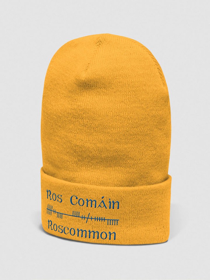 Roscommon/Ros Comáin Orthodox style Ogham, yellow with blue, embroidered Cuffed Beanie product image (2)