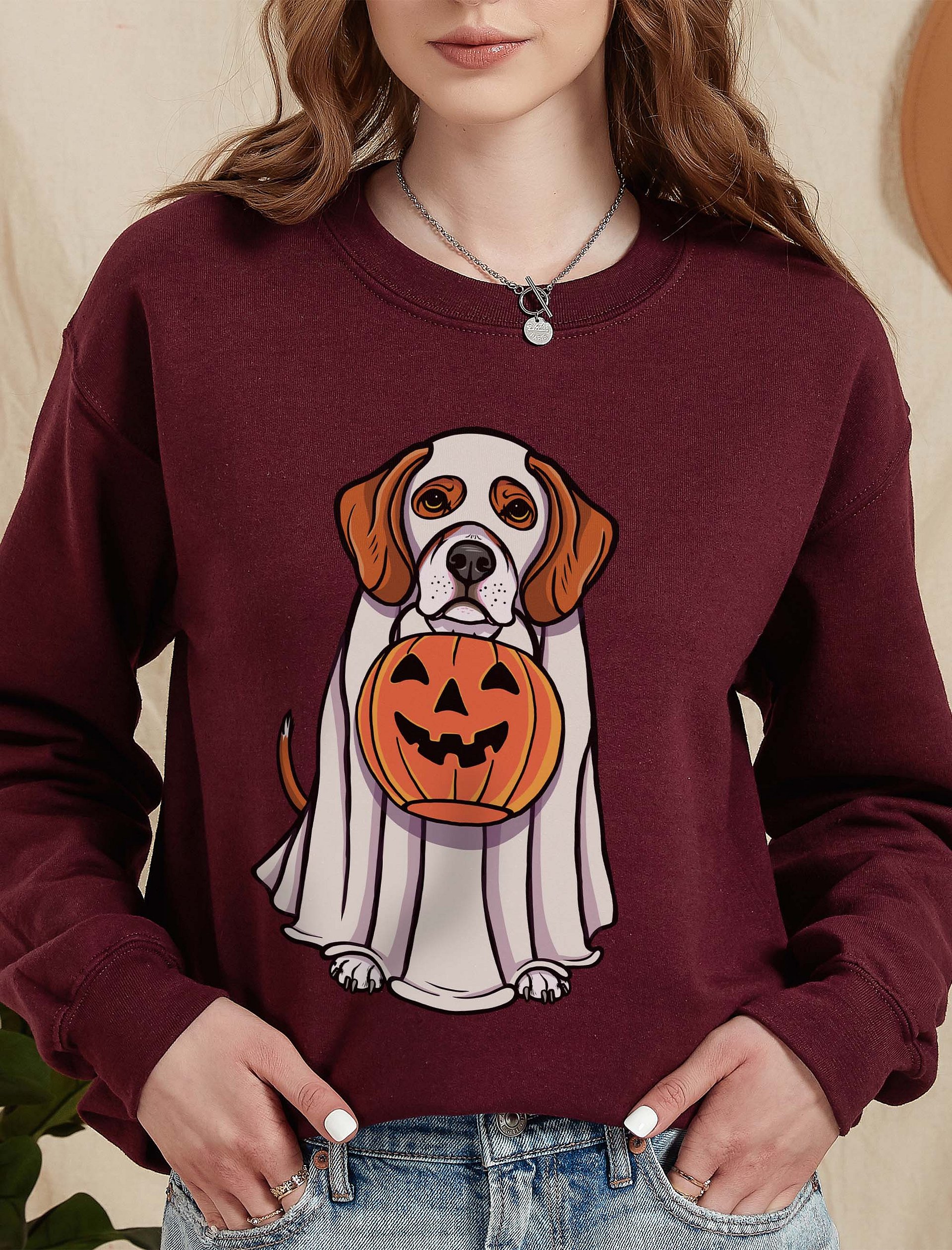 Funny Halloween Beagle Sweatshirt | Funny Beagle Wearing a Ghost Costume and Holding a Pumpkin Basket product image (2)