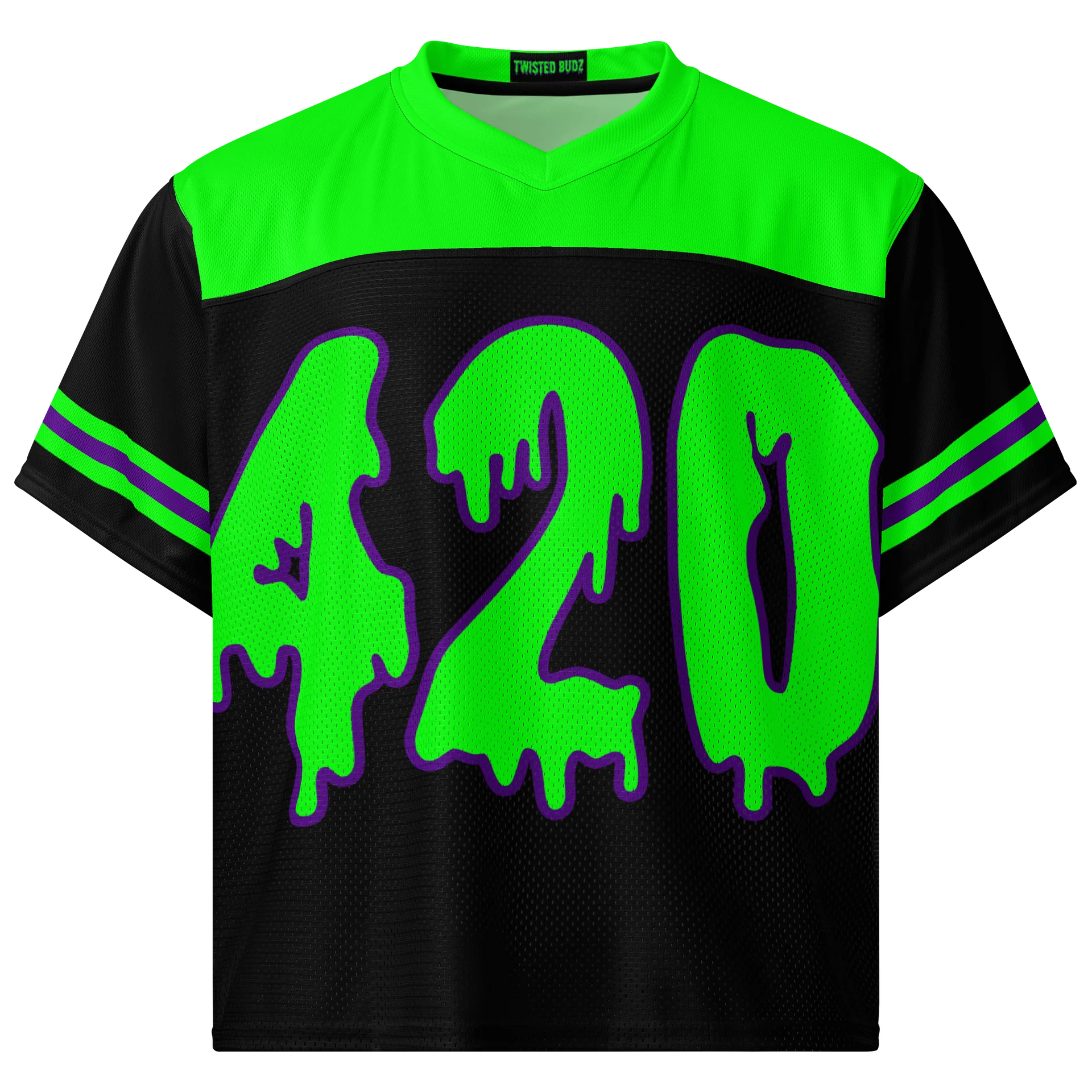 420 Cannabis Boxy Football Jersey, Goth Rave Shirt, Black Neon Green Weed EDM Wear, Stoner Music Festival Fashion, Alternative Raver Top product image (3)
