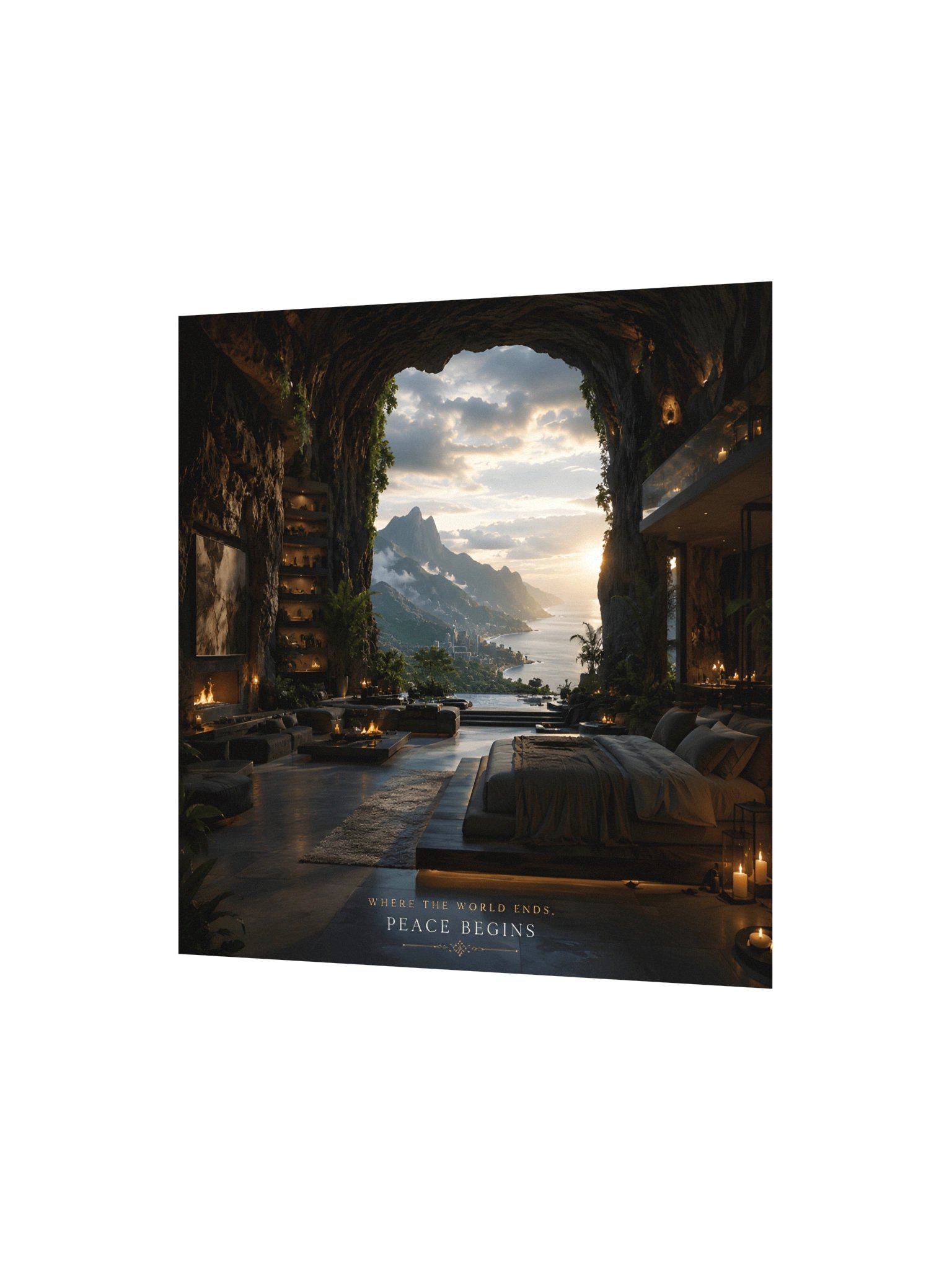 Futuristic Cave House Wall Art, Mountain Ocean Sanctuary Poster, Peace Begins Luxury Decor product image (3)