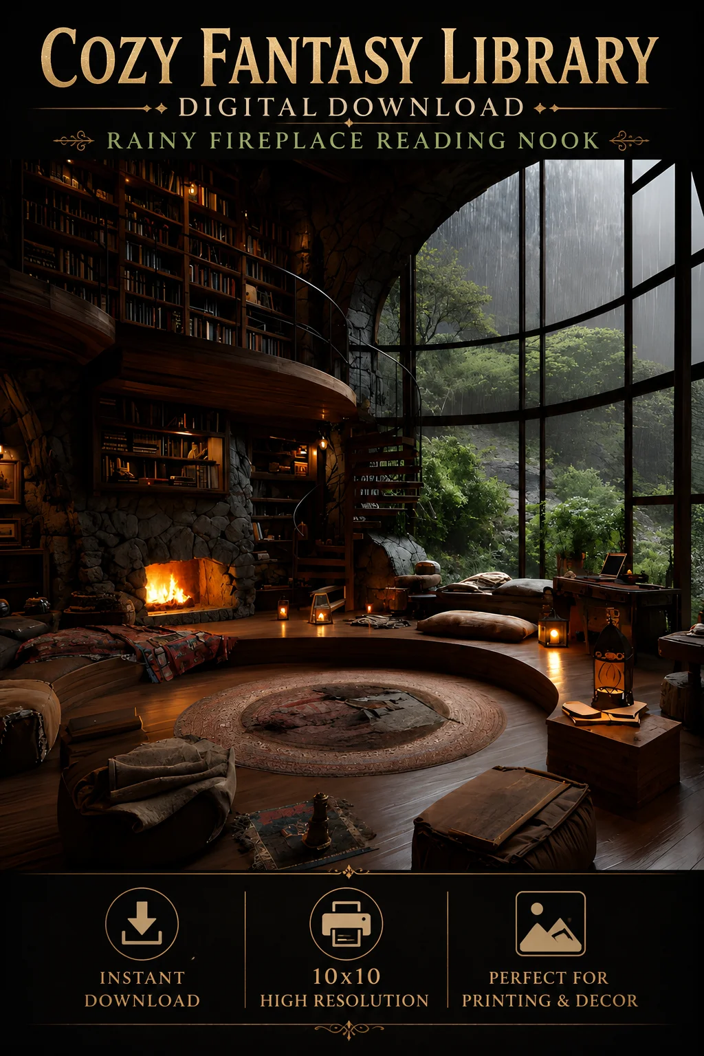 Cozy Fantasy Library Digital Print 10x10 Rainy Fireplace Wall Art Dark Academia Download product image (1)