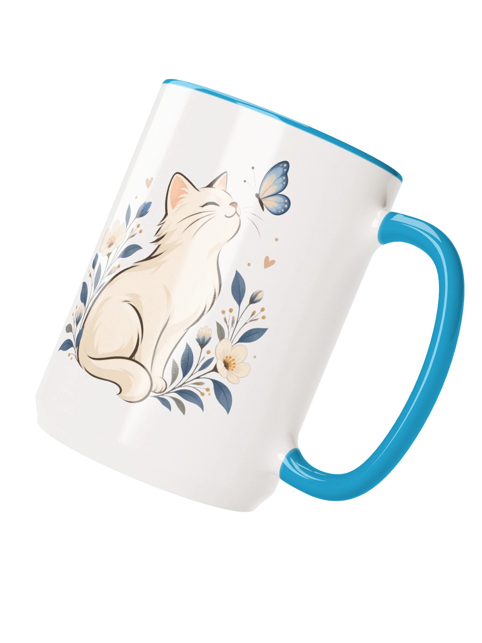 15 oz Light Blue Ceramic Mug | Cute Cat & Butterfly Design product image (3)
