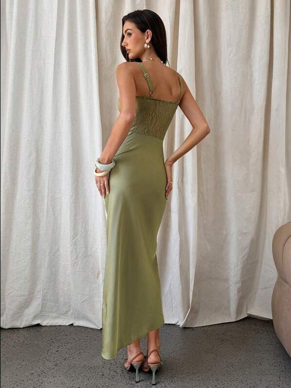 ADLEST Women's Olive Green Satin Lace Patchwork Dress, Party Dress, Date Dress, Autumn/Winter Bustier Dress Green Satin Dress Green Sexy Dress Built In Bra Dress Sage Dress product image (2)