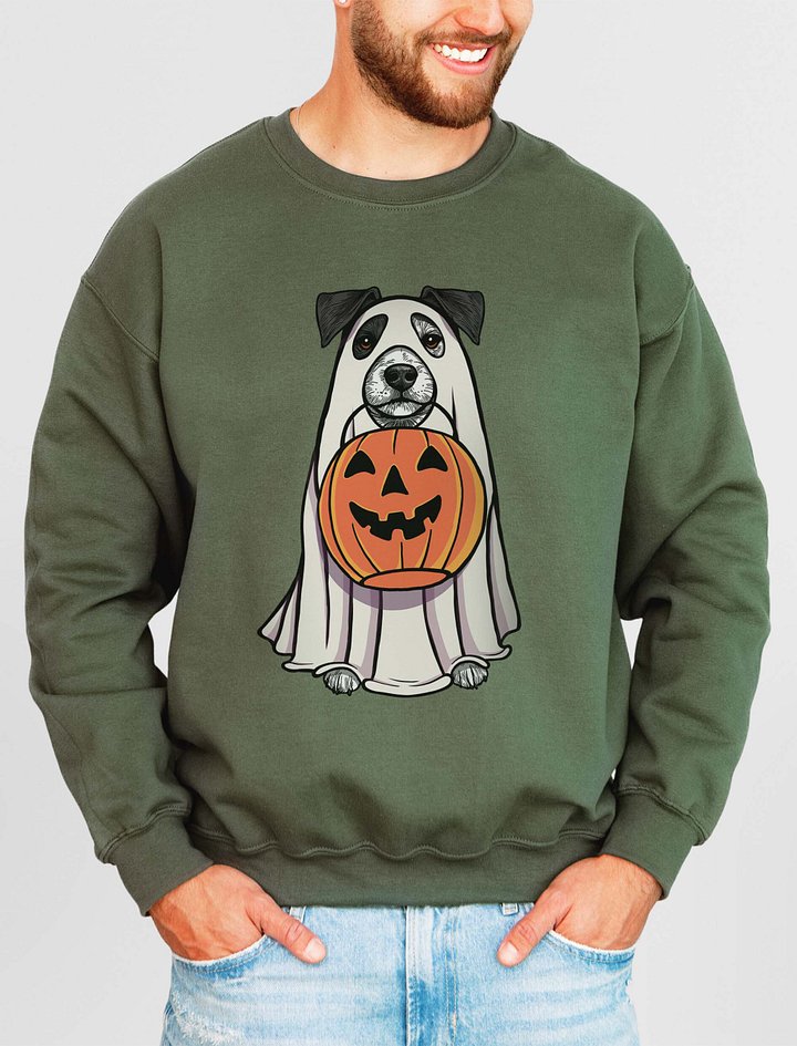 Funny Halloween Jack Russell Terrier(Black & White) Sweatshirt | Funny JRT Wearing a Ghost Costume and Holding a Pumpkin Basket product image (2)
