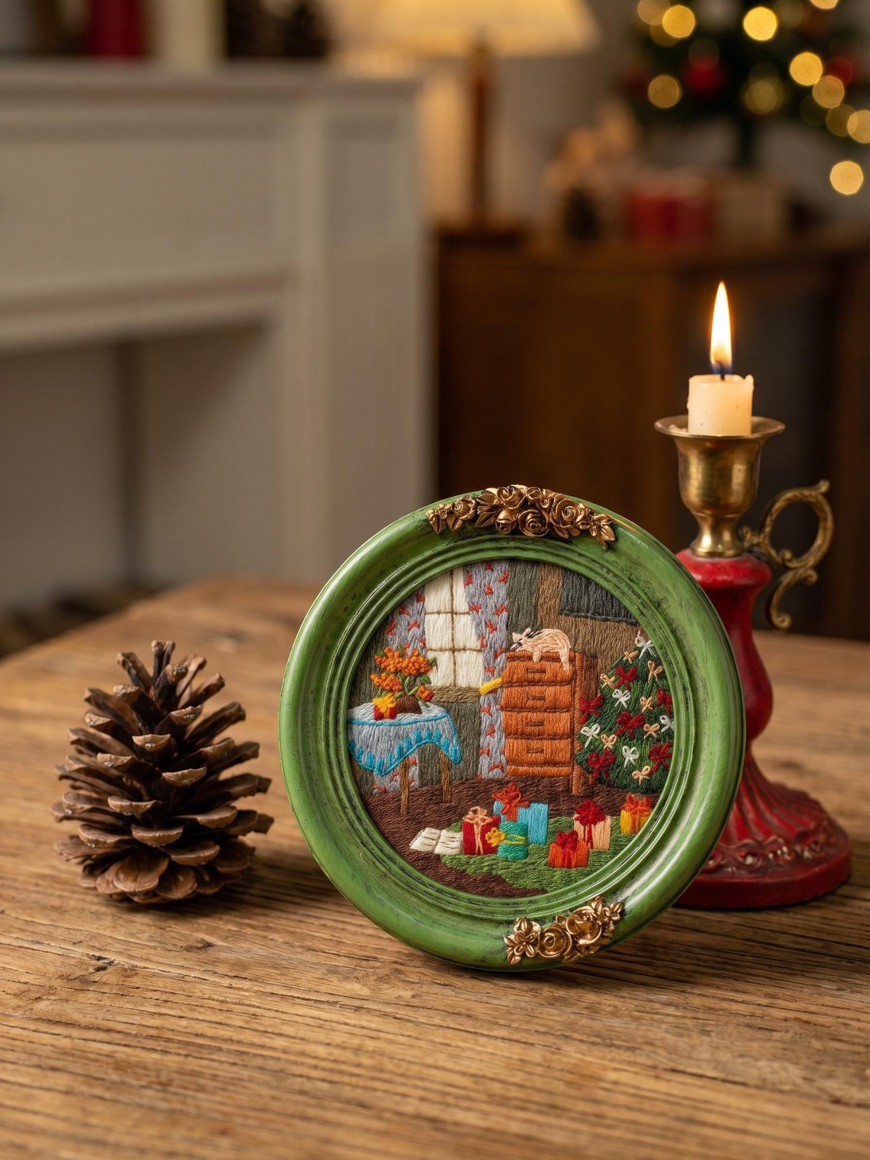 Christmas Cottage Memories Impression Embroidery Artwork in Vintage Distressed Frame product image (2)