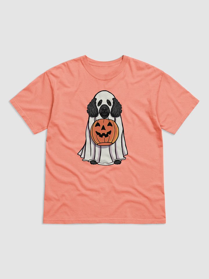 Funny Halloween Mini Poodle(Black) T-Shirt | Funny Poodle Wearing a Ghost Costume and Holding a Pumpkin Basket product image (1)