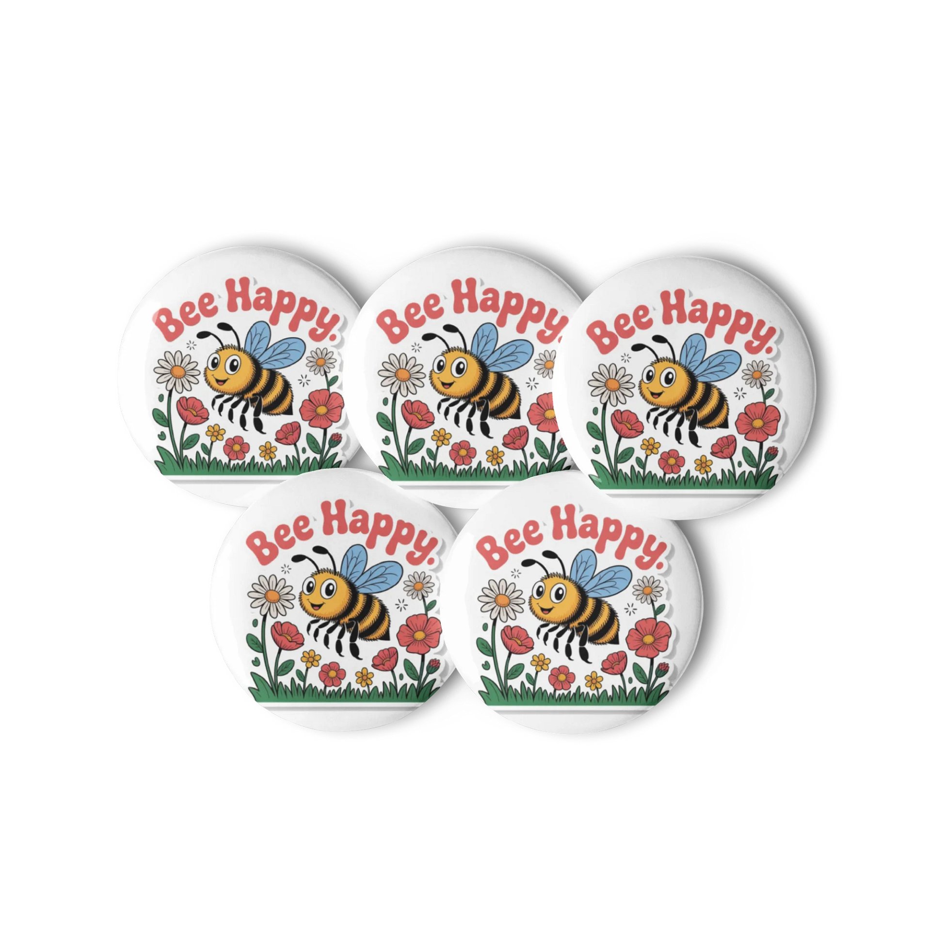 Set of 5 'Bee Happy' Pin Buttons - Whimsical Bee and Flower Design product image (2)