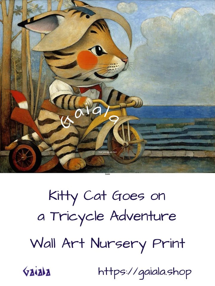 Kitty Cat on a Tricycle Adventure Kids Wall Art Nursery Print product image (1)