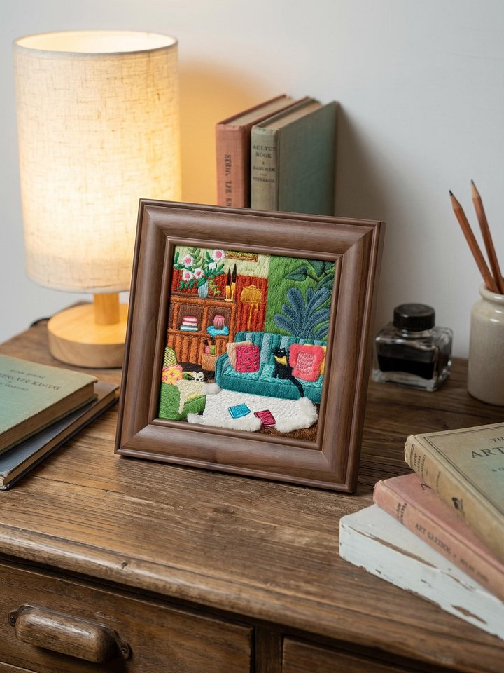 Alice's Cheshire Cat Impression Embroidery Artwork in Premium Solid Wood Frame product image (2)